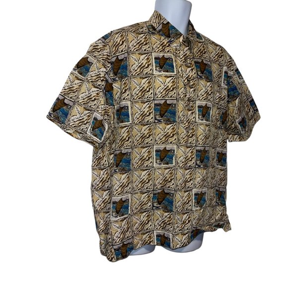 Vtg Hilo Hattie Hawaiian Shirt Mens XL Canoe Sail Beach Vacation Aloha Leaf Tan - Picture 4 of 10
